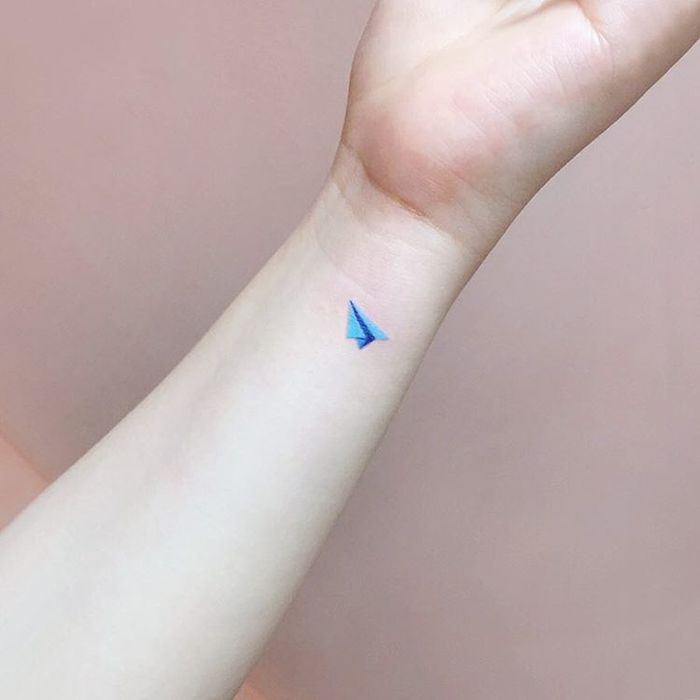 Blue Ink Paper Plane Tattoo by tattooist IDA
