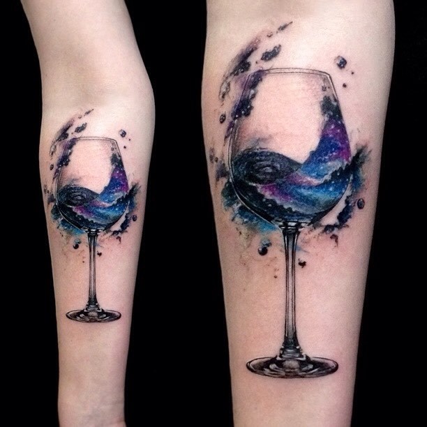 Wine glass graphic tattoo on inner forearm by Vlad Tokmenin