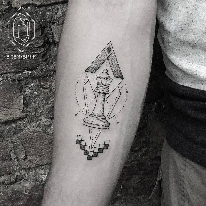 Geometric Queen Chess Piece Tattoo by Bicem Sinik
