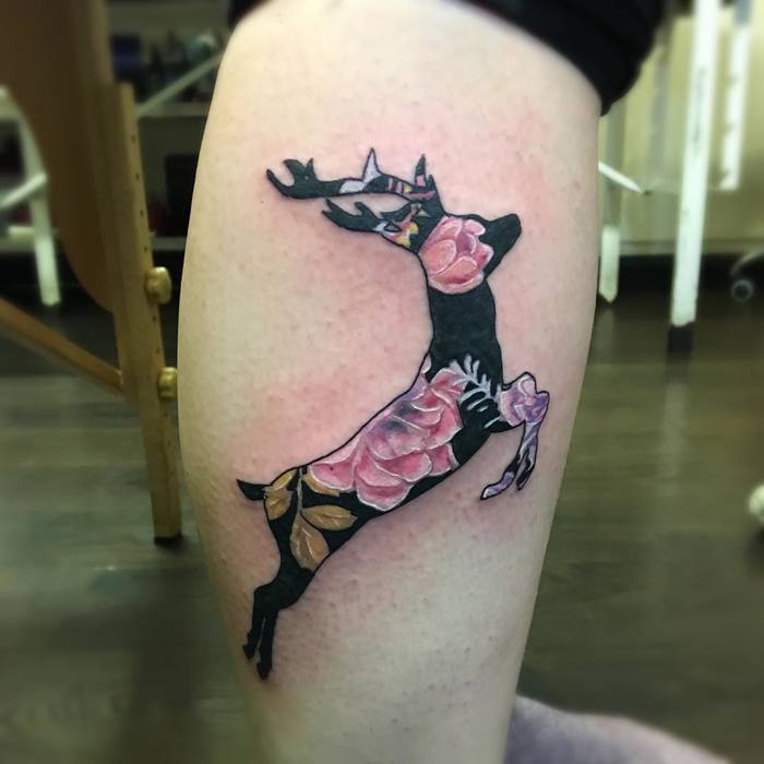 Black Deer Tattoo With Flowers by Dan Blaszkowski 