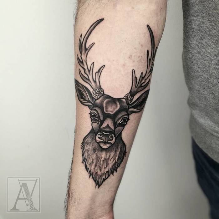 Tradition Black Deer Tattoo on Forearm by Alicja Andersen 