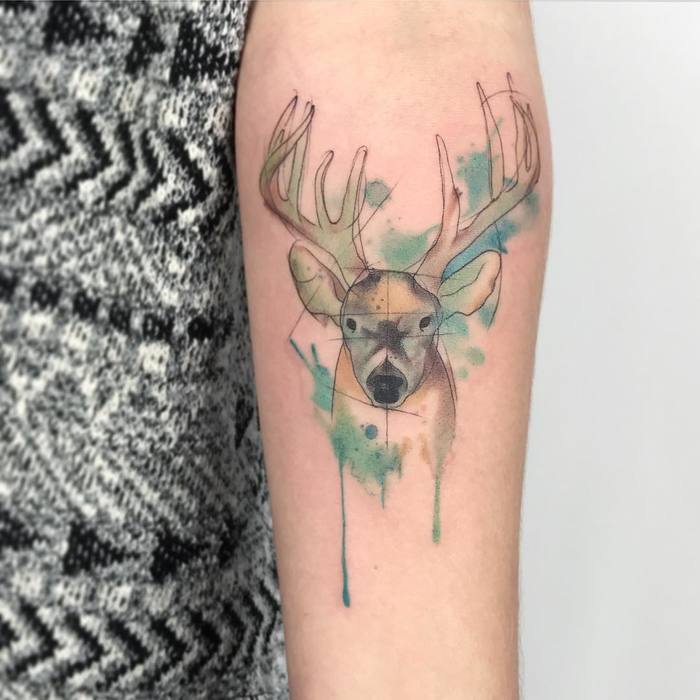 Beautiful Watercolor Deer Tattoo by Anatema Tattoo Studio 