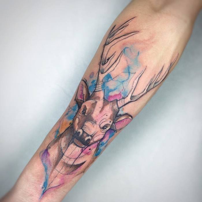 Watercolor Deer Tattoo by Paulo Reis 