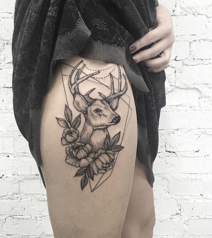 Deer Tattoo with Flowers by anna_bravo_