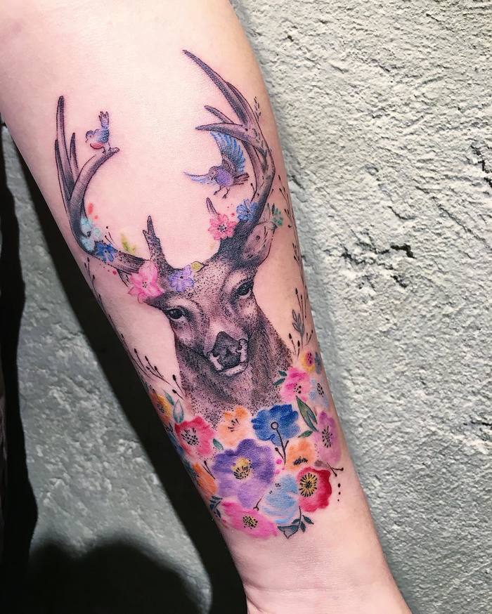 Floral Deer Tattoo by evakrbdk