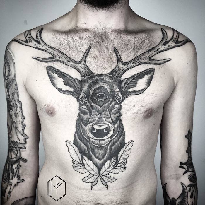 Big Three-Eyed Deer Tattoo on Chest by Henja Fin