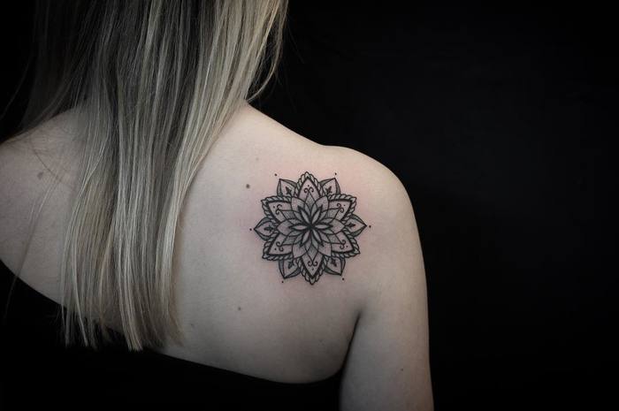 Mandala tattoo on the back shoulder by Luciano LCN