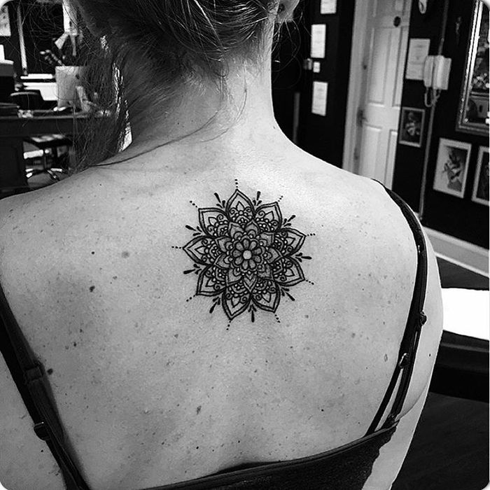 Upper back mandala tattoo by Ash Boss