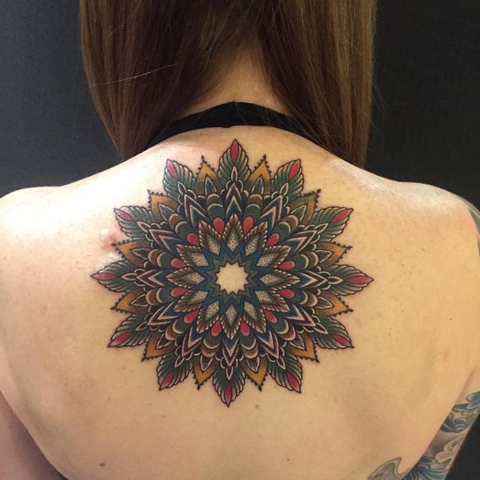 Colored upper back mandala tattoo by Tom Aversa