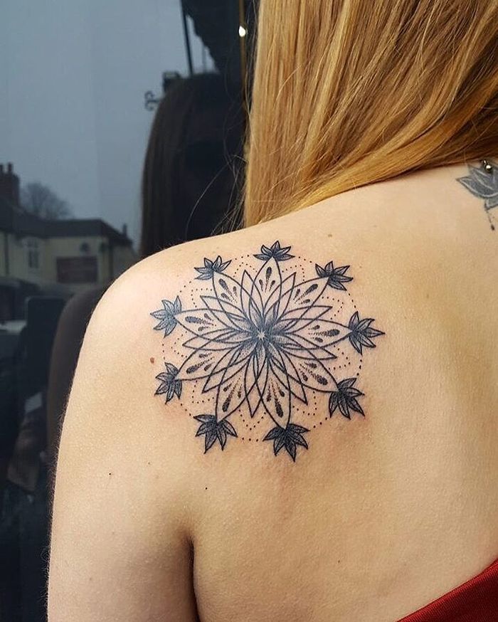 Mandala tattoo on back shoulder by Paris Pamela