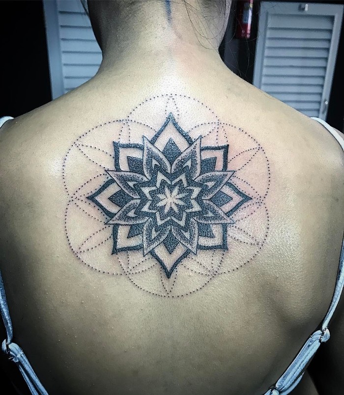 Upper back mandala tattoo by Mario Guzman
