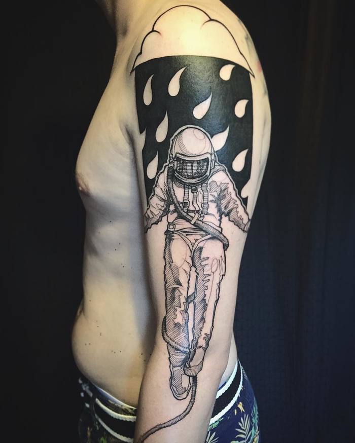 Sketchy Astronaut Tattoo on Arm by L'oiseau