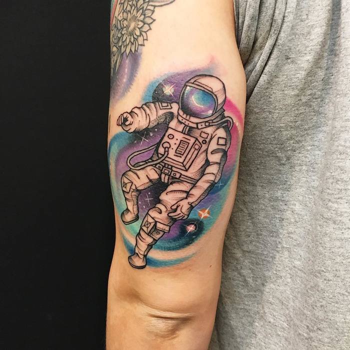 Colored Astronaut Tattoo by blaynebius