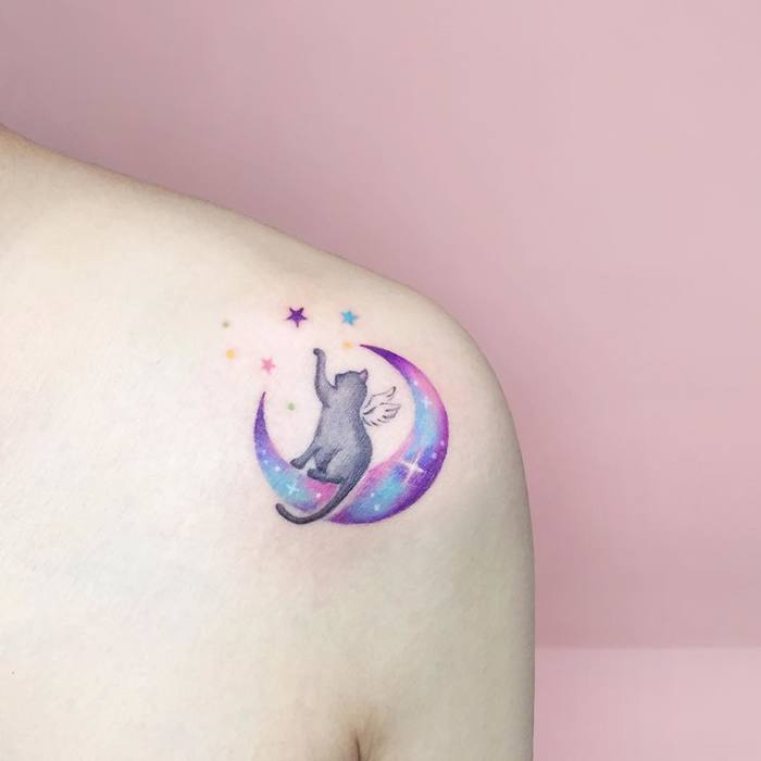 Cat and crescent Moon tattoo by Tattooist Ida