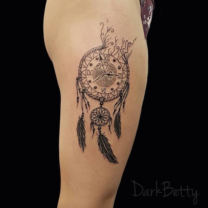 Clock Dreamcatcher Tattoo by DarkBettyTattoo