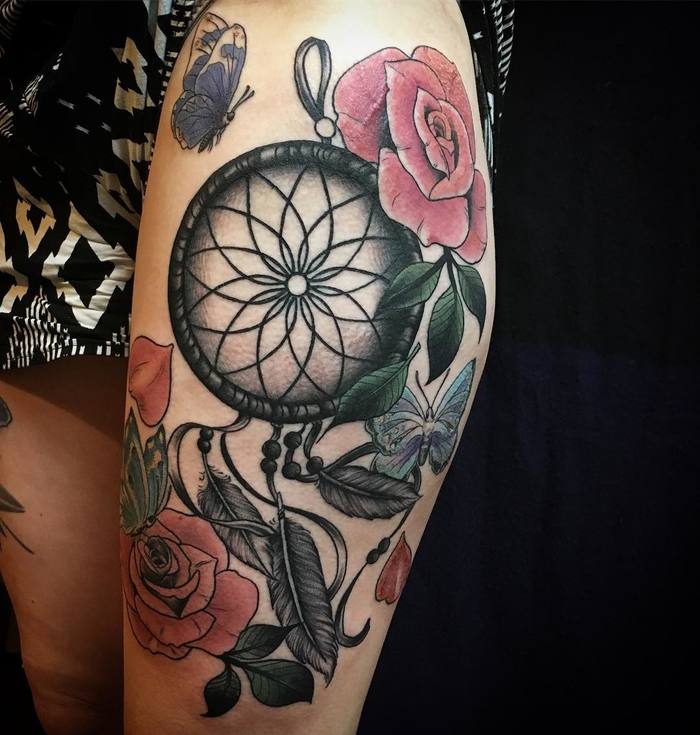 Dreamcatcher Tattoo with Roses and Butterflies by Miz Thompson