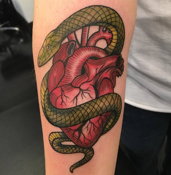 Anatomical Heart Tattoo with Snake by Gia 