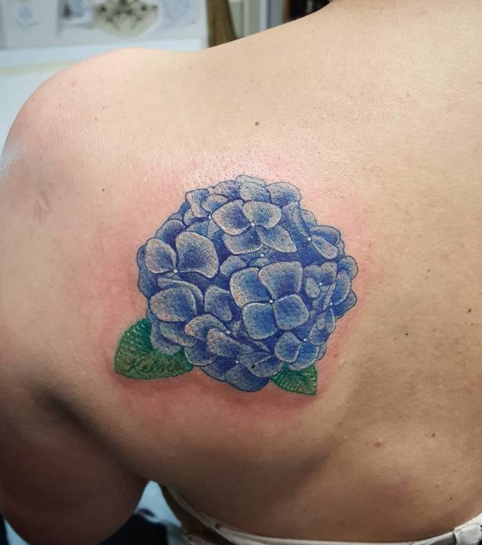 Blue Hydrangea Tattoo by Marie Scherping