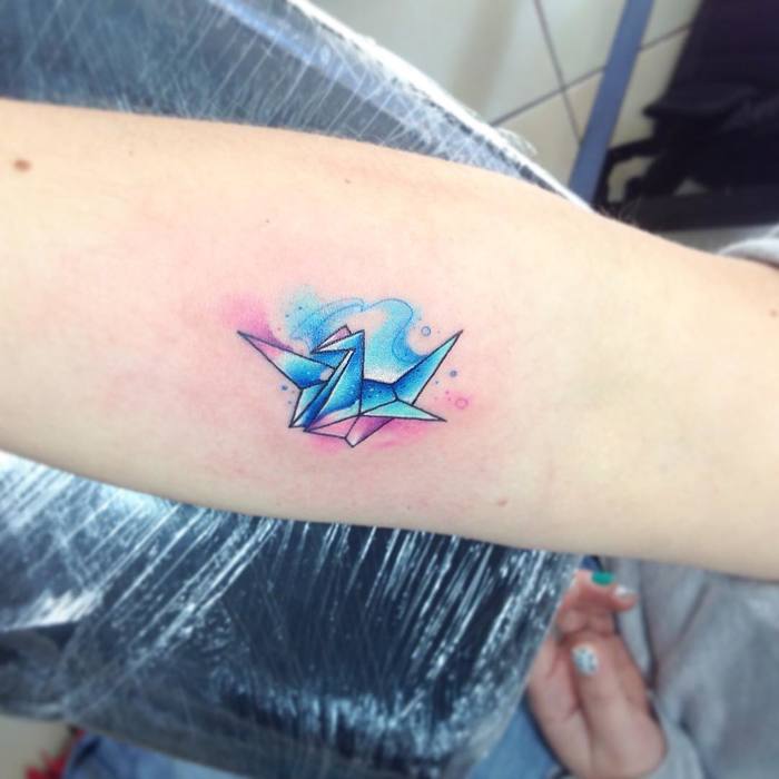 Watercolor Paper Crane Tattoo by Adrian Bascur