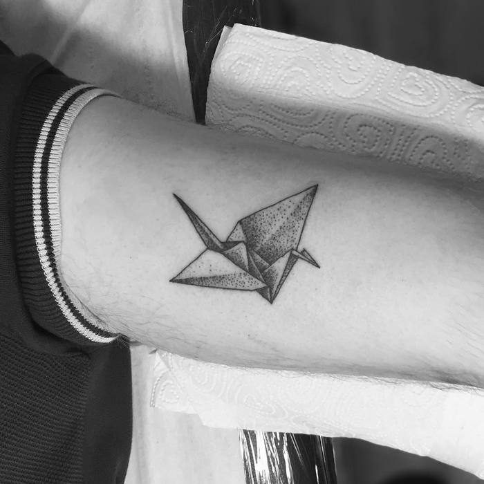 Dotwork Paper Crane Tattoo by tomtomtatts