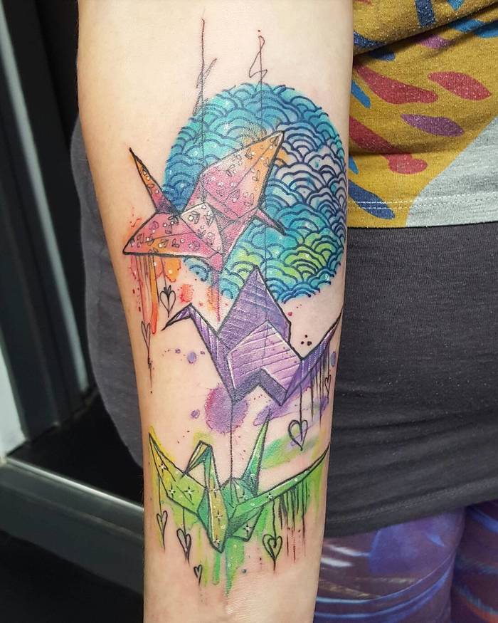 Watercolor Paper Crane Tattoos by Joanne Baker