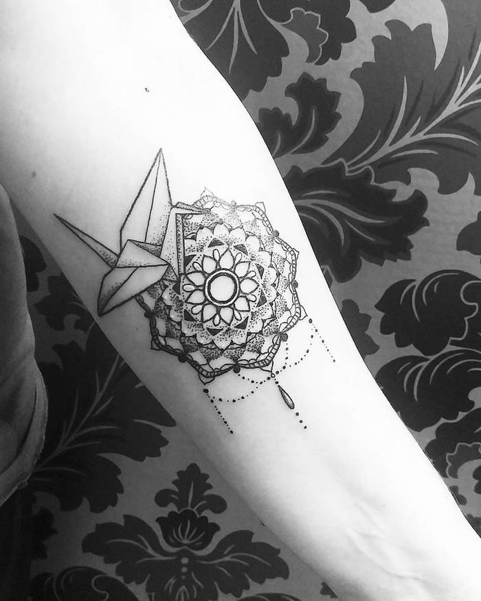 Dotwork Paper Crane Tattoo with Mandala by Katherine 