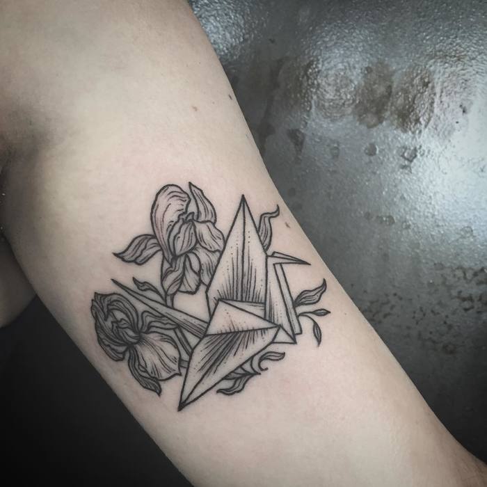 Paper Crane Tattoo with Iris Flowers by Leah Borkenhagen