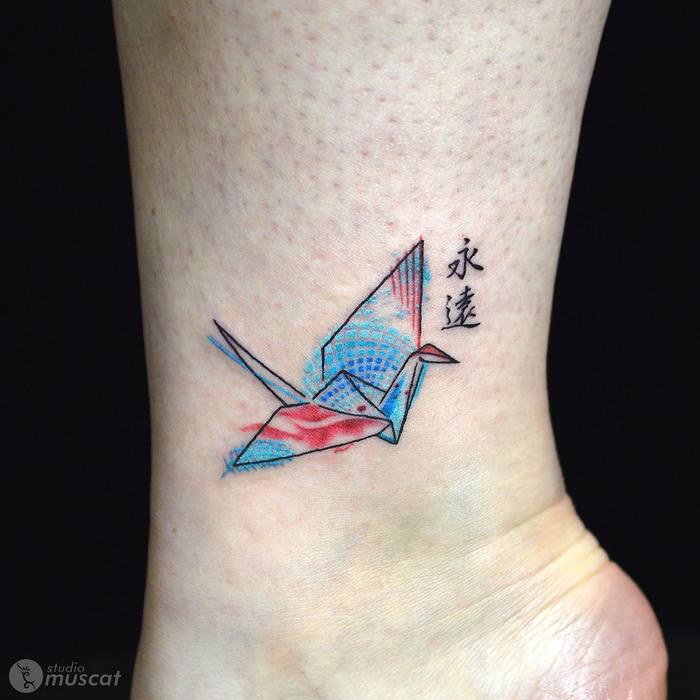 Colored Paper Crane Tattoo by studio muscat