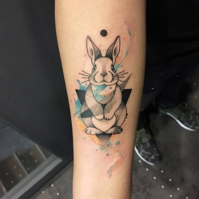 Dotwork and Watercolor Bunny Tattoo by Zhang Yun