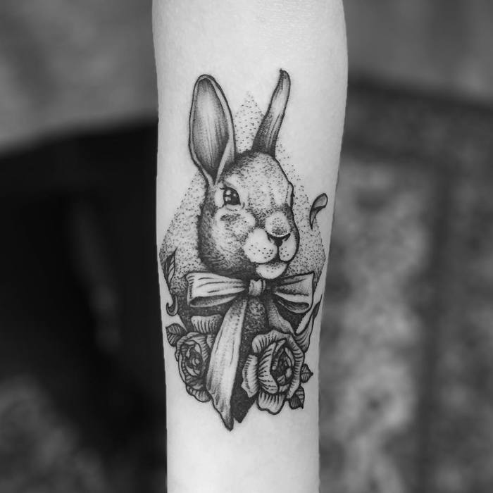 Dotwork Rabbit with Flowers by tomtomtatts