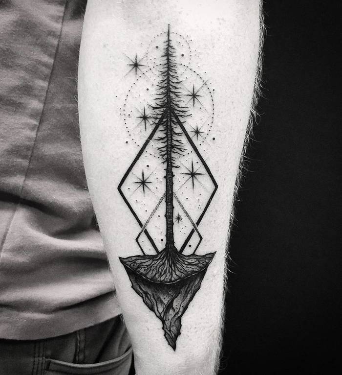 Black Ink Tree Tattoo with Geometric Elements and Stars by thomasetattoos