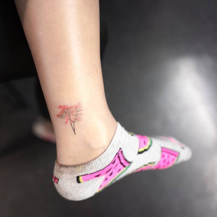 Small Autumn Tree Tattoo on Ankle by ilwolhongdam