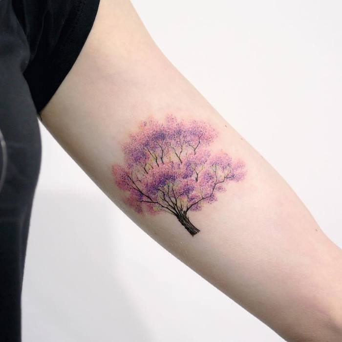 Violet Tree Tattoo on Inner Bicep by Tattooist_Doy