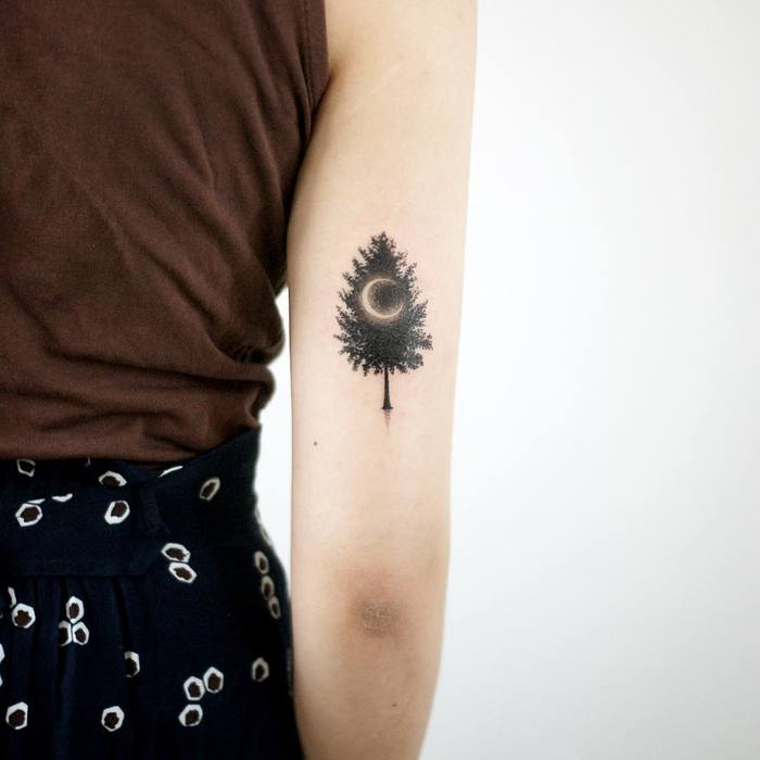 Tree & Crescent Moon Tattoo by Tattooist_Doy