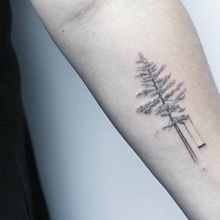 Delicate Single Needle Tree Tattoo with Swing by Lindsay April