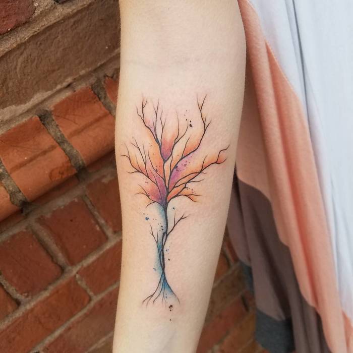 Little Watercolor Tree Tattoo on Forearm by April Ramirez