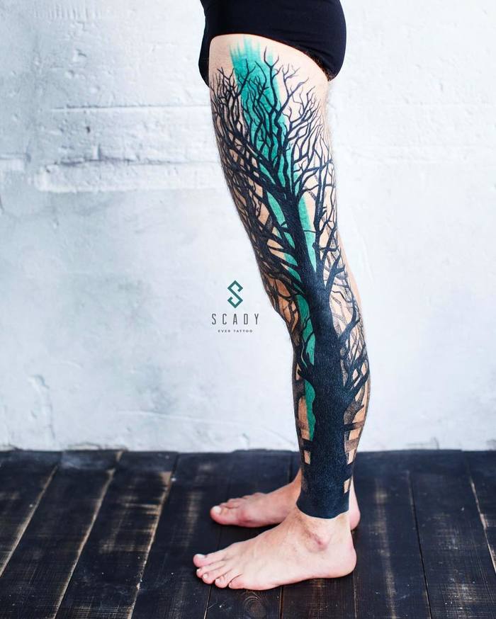 Amazing Tree Tattoo on Leg by Scady Alyona