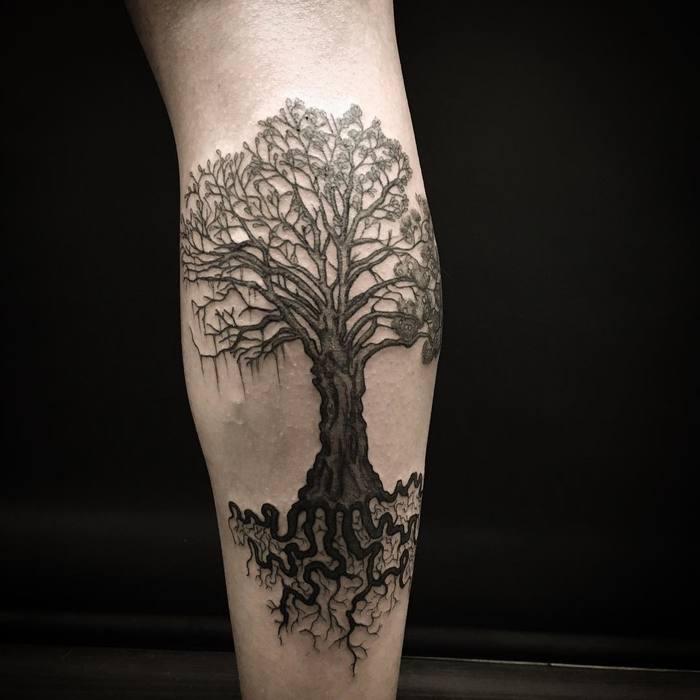 Black Ink Tree Tattoo on Calf by diegocalacatattoo