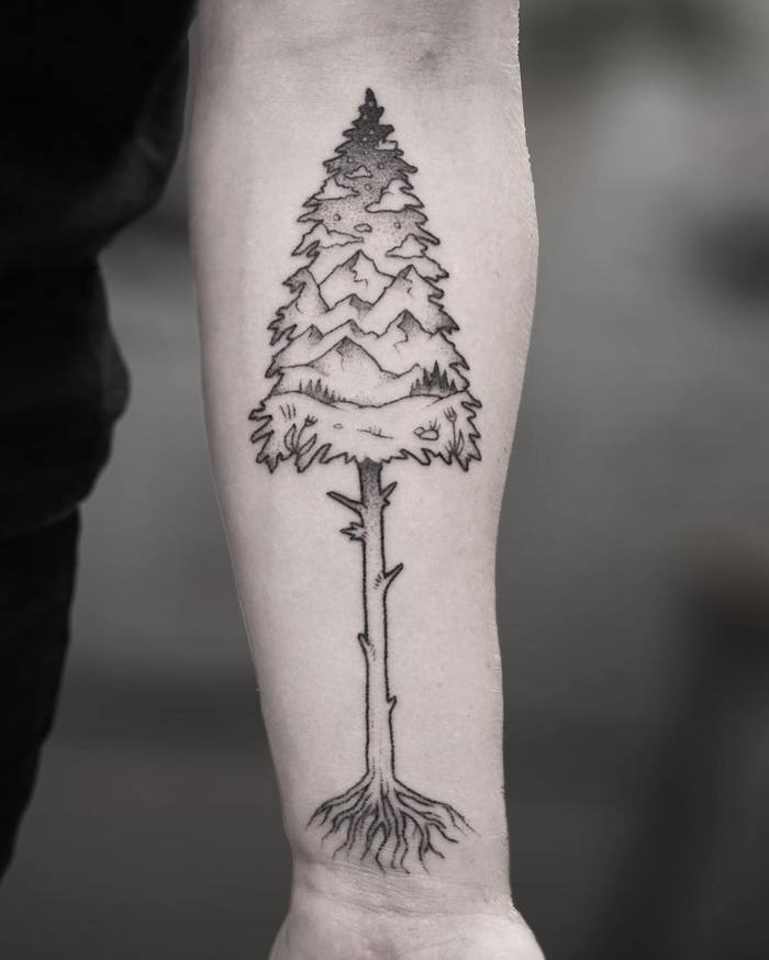 Beautiful Hand Poked Pine Tree Tattoo by Evan Lorenzen