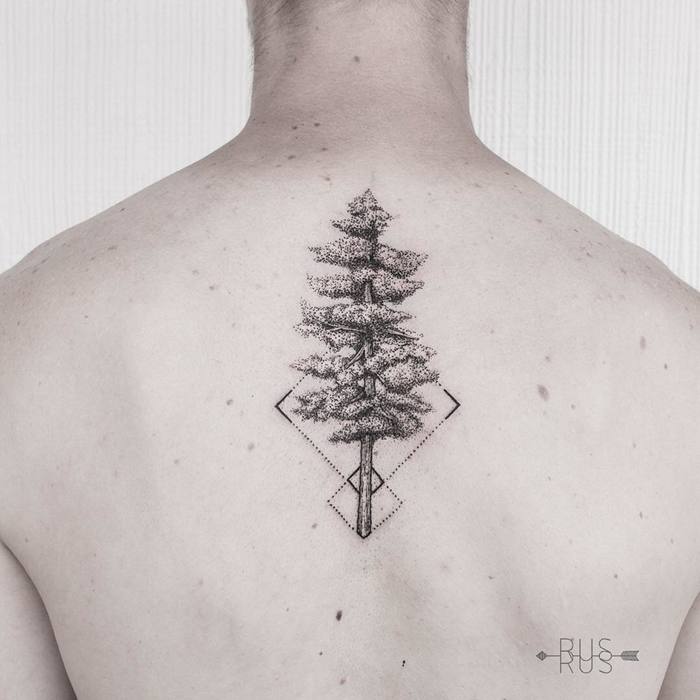 Dotwork Tree Tattoo on Upper Back by Pablo Sánchez