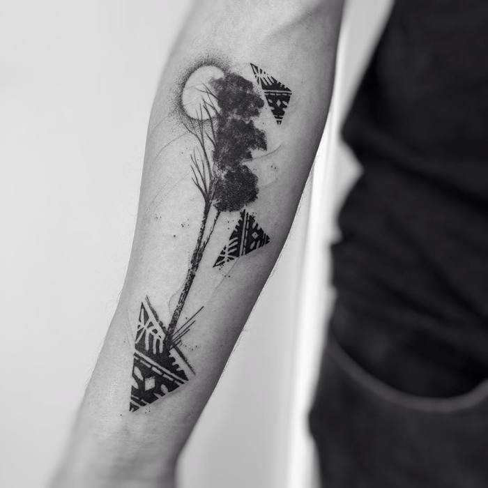 Tree Tattoo with Full Moon and Abstract Shapes by Alam Vinicius