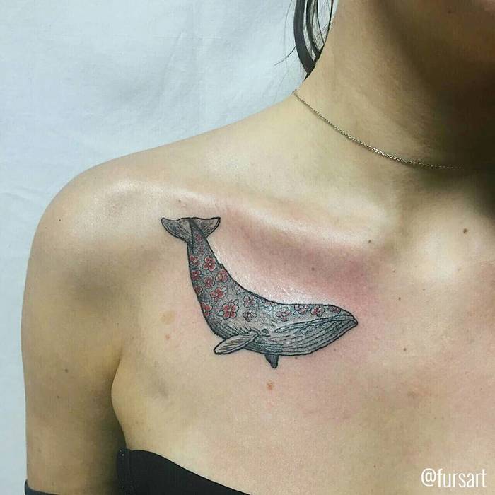Floral Blue Whale Tattoo by Dima Furs