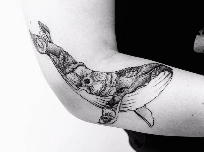 Linework and Dotwork Floral Whale Tattoo by Vitaly Kazantsev