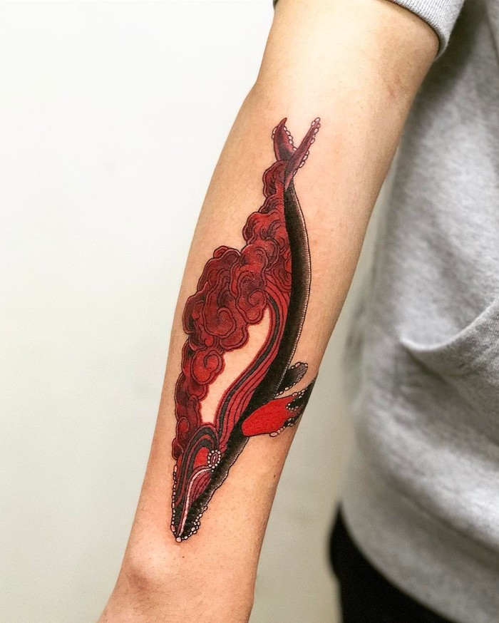 Black & Red Whale Tattoo by doyo_tattoo