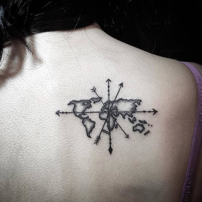 Dotwork World Map Tattoo With Arrows by eze_tattooer