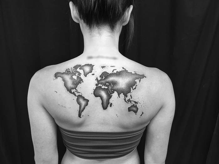 Dotwork World Map Tattoo by Melissa Zimmer