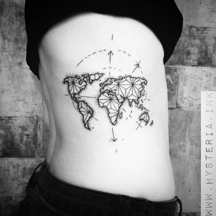 Dotwork Geometric World Map Tattoo by hysteria.ink