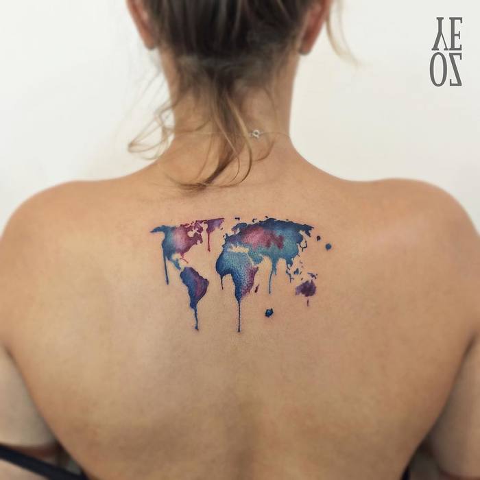 Watercolor World Map Tattoo by Yeliz Ozcan