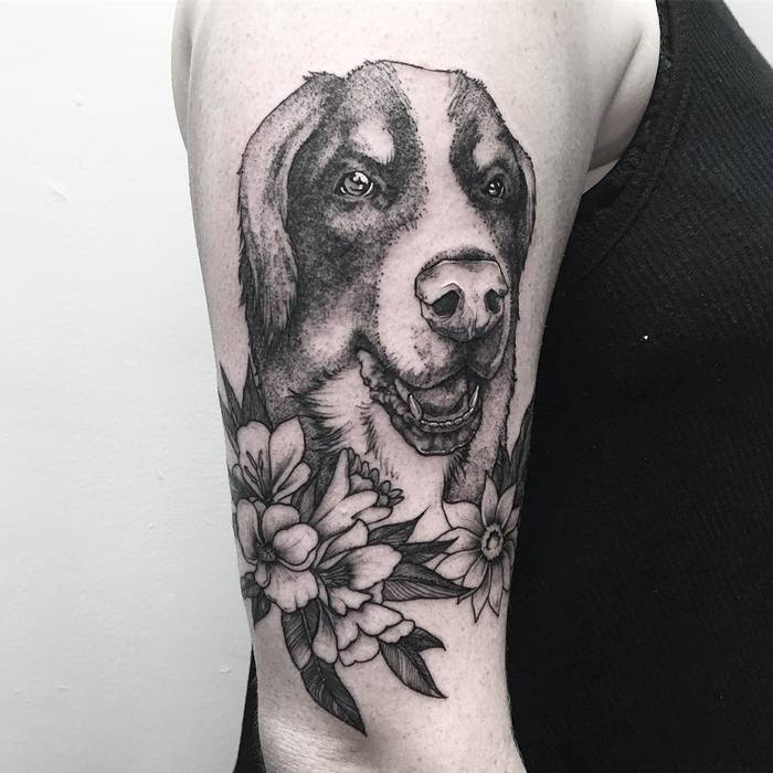 Dog Tattoo with Flowers by Michael George Pecherle