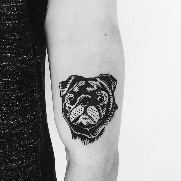 Black Ink Pug Tattoo by Nina Waldron